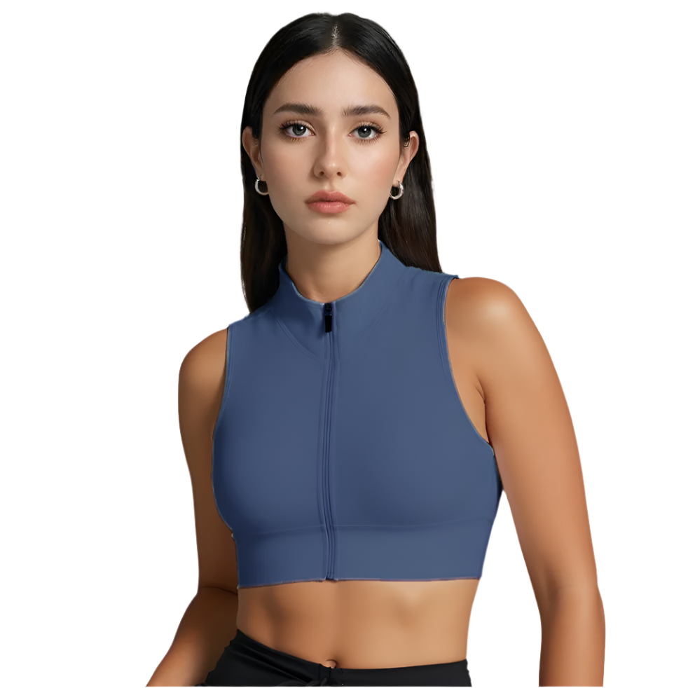 Xooie Fit women's zipper crop top in blue with a stylish high neckline and fitted design