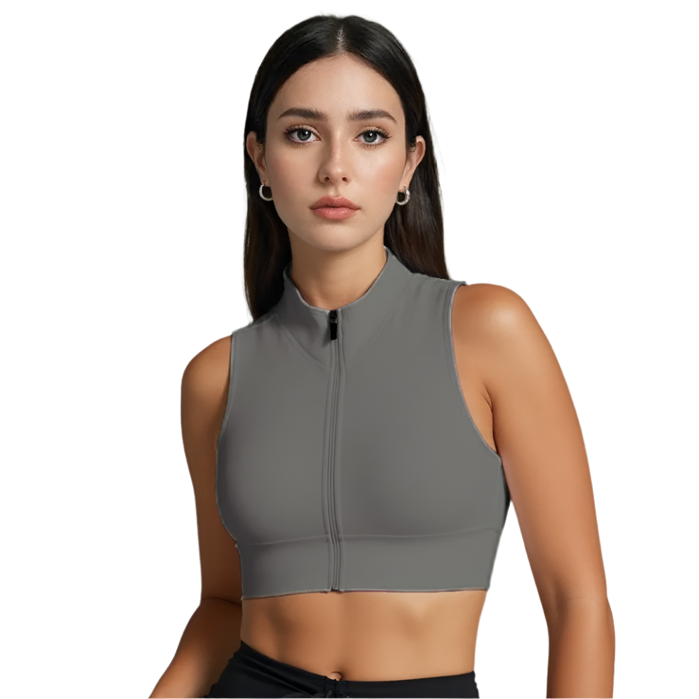 Xooie Fit women's zipper crop top in grey with a stylish high neckline for activewear