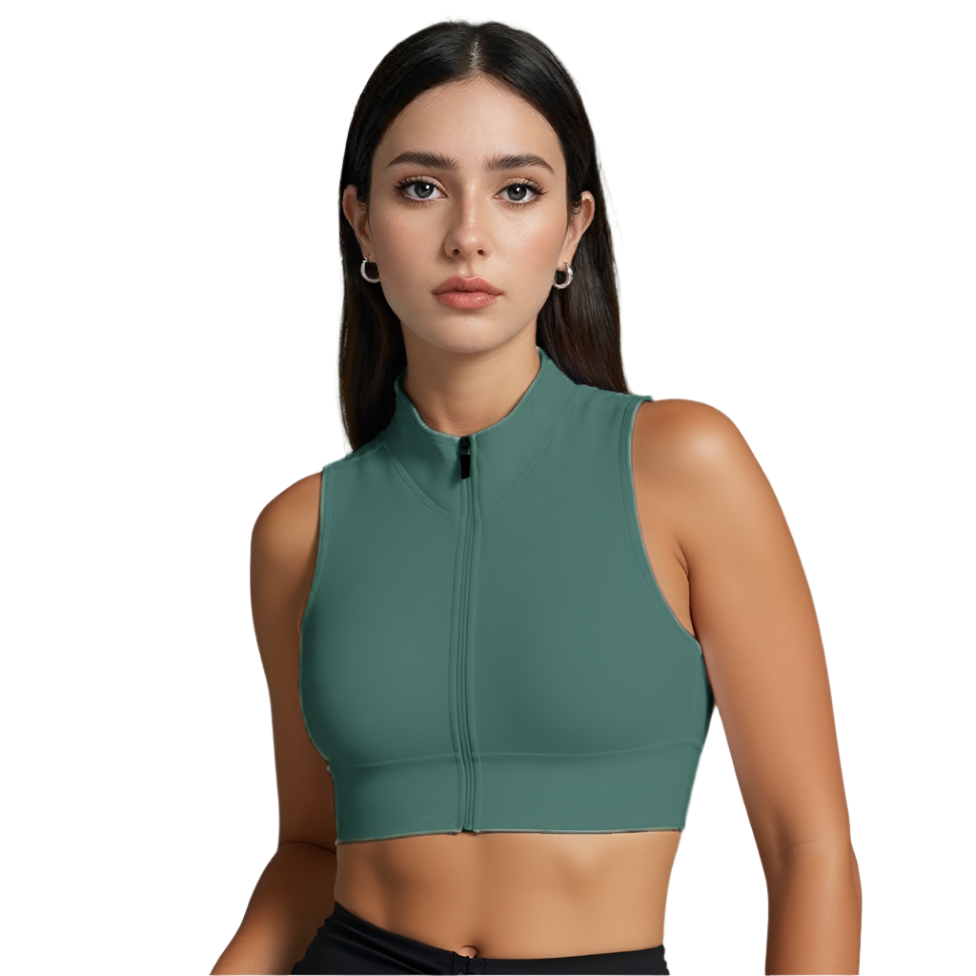 Stylish Xooie Fit women's zipper crop top in green with a sleek design for active wear