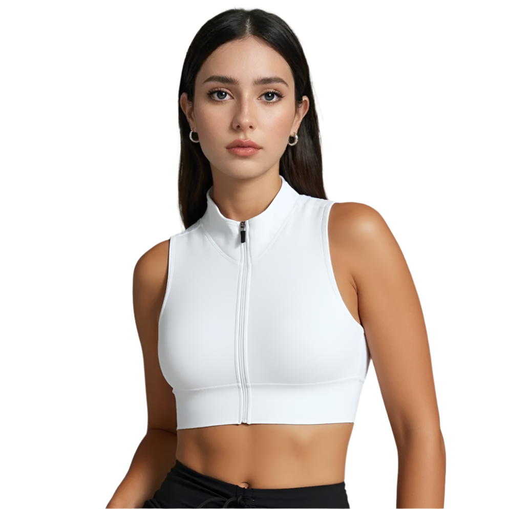 Xooie Fit women's zipper crop top in white with a modern design for stylish workouts