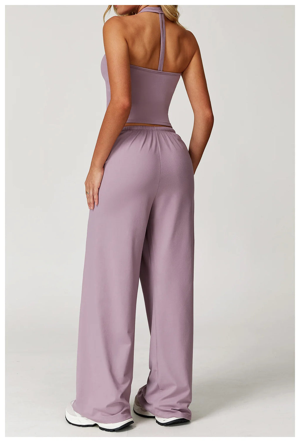 Xooie Fit Two-Piece Set featuring a tank top and baggy pants workout outfit in soft lavender color