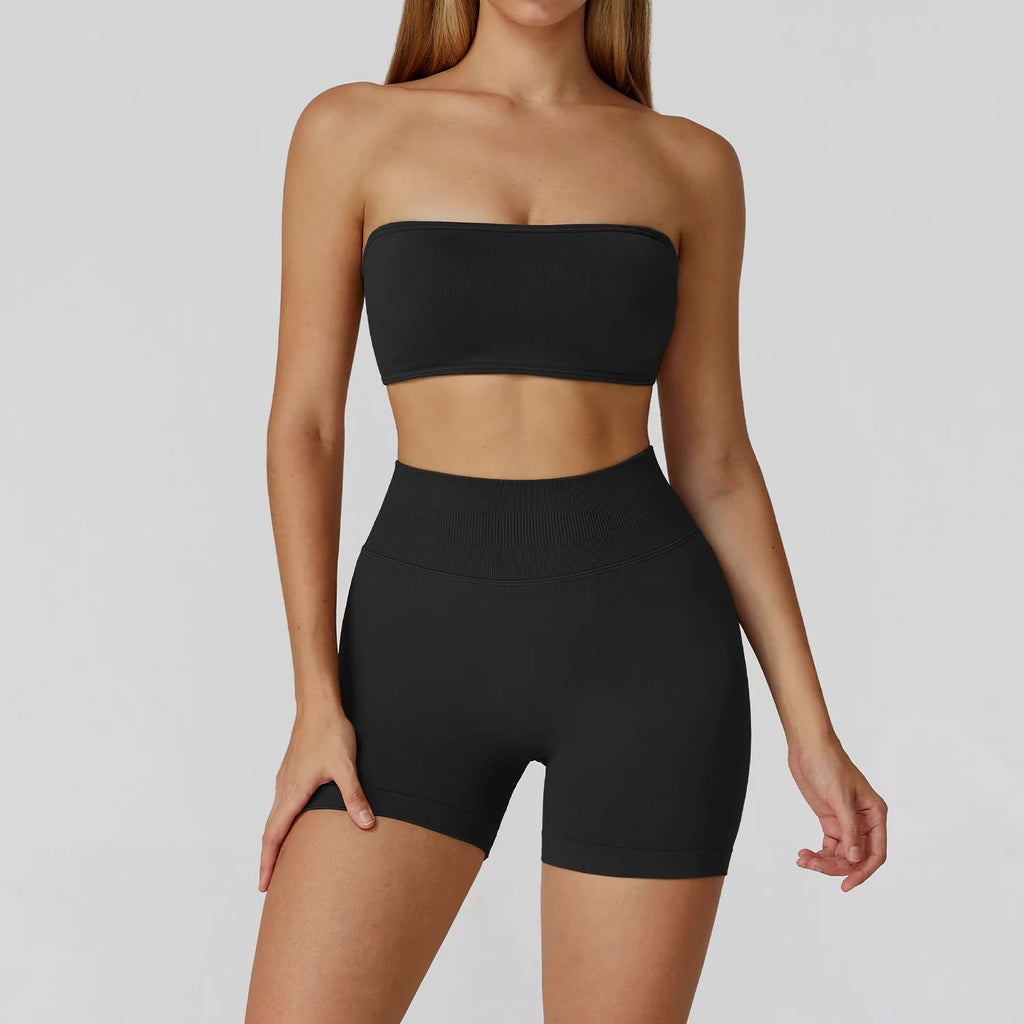 Xooie Fit Strapless Workout Set for Women in Black with a supportive bandeau top and high-waisted shorts