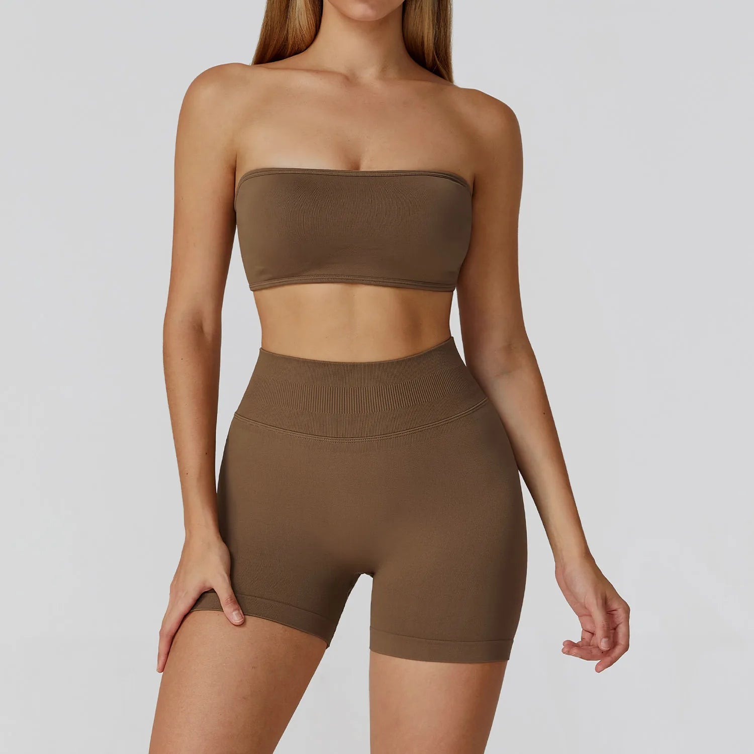 Xooie Fit Strapless Workout Set for Women in Brown with a Tube Top and High-Waisted Shorts