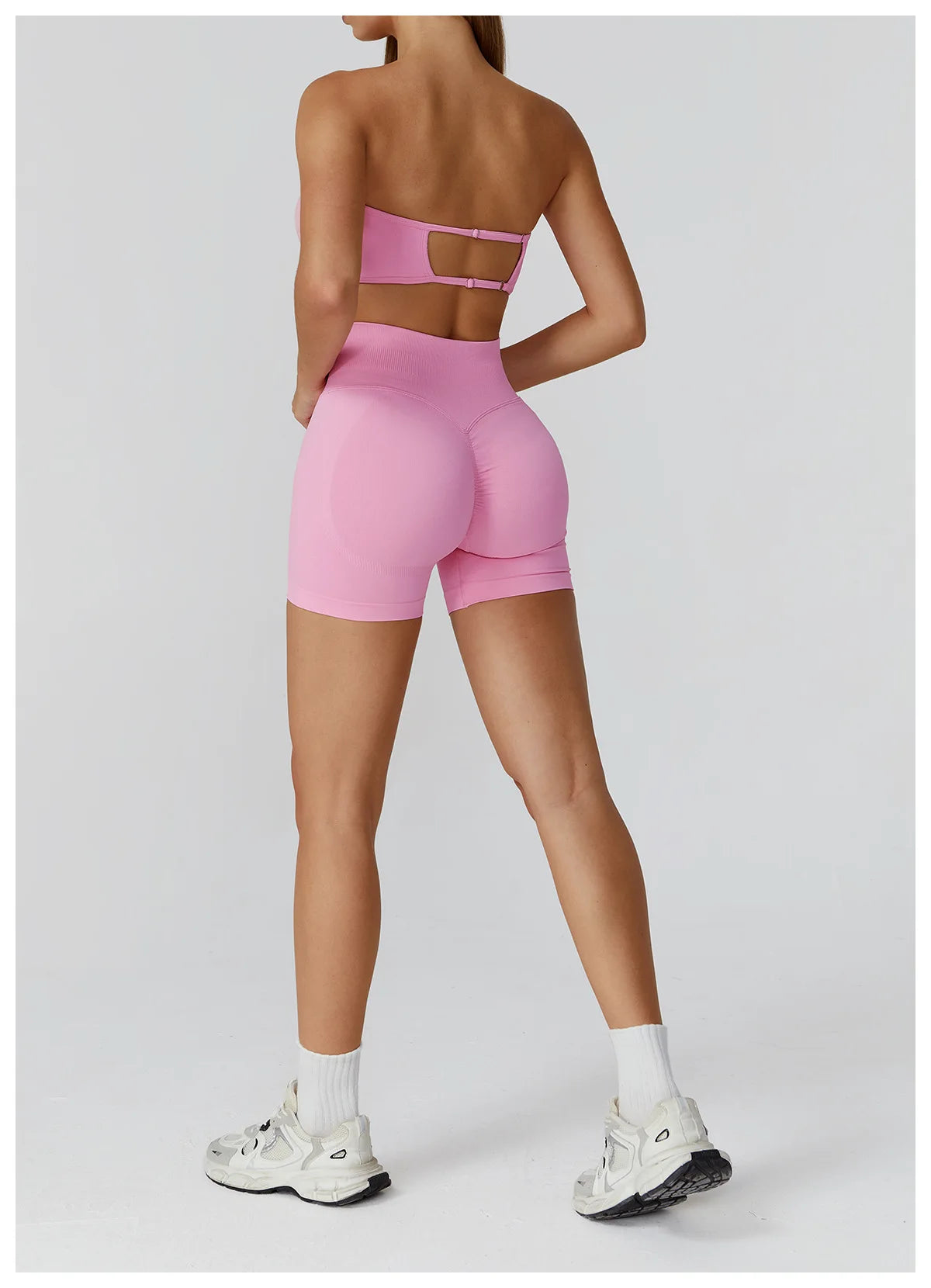 Xooie Fit Strapless workout set for women in pink with a stylish back design and comfortable fit