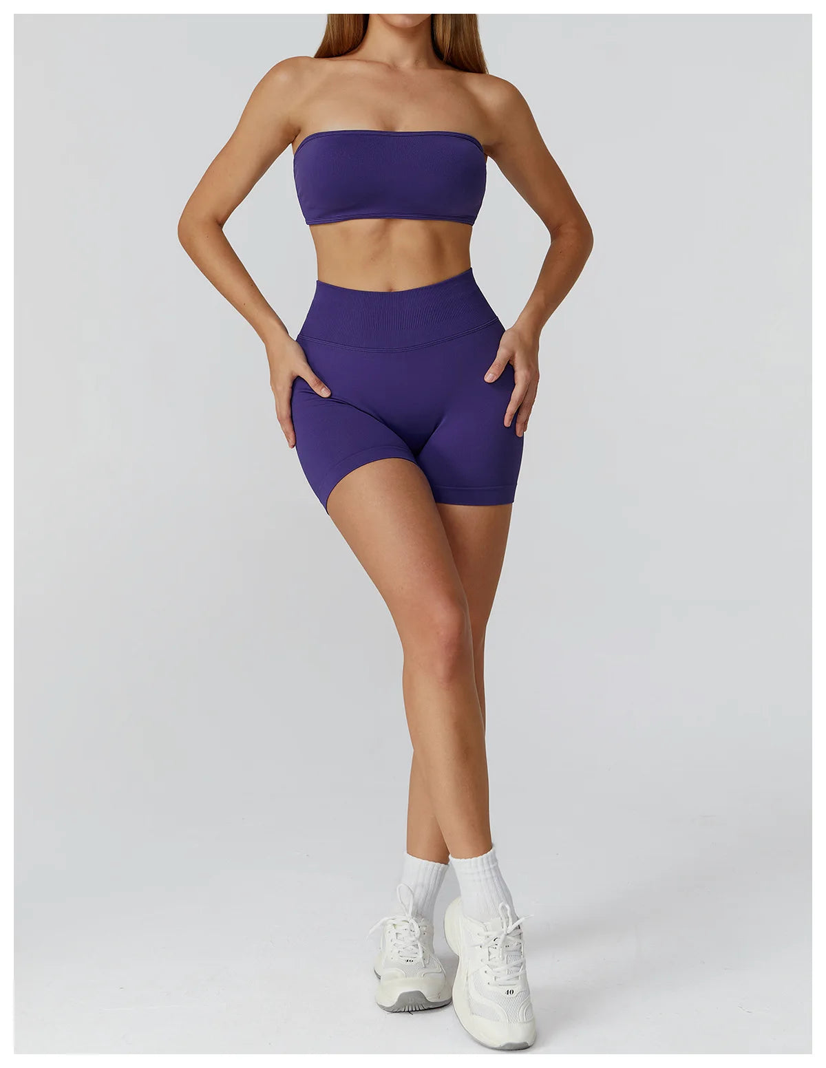 Xooie Fit Strapless workout set for women in purple featuring a seamless design and comfortable fit