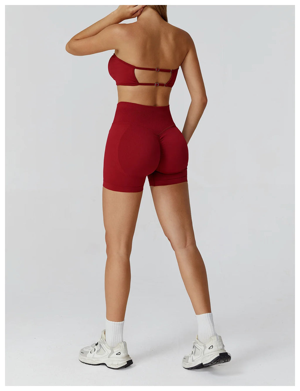 Xooie Fit Strapless workout set for women in burgundy, featuring a stylish back design and high-waisted shorts.