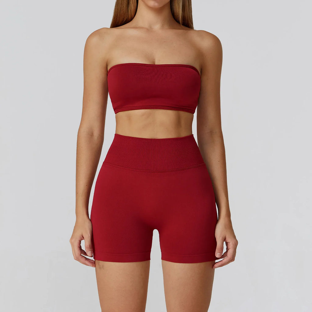 Xooie Fit Strapless Workout Set for Women in Red with Fitted Top and Shorts