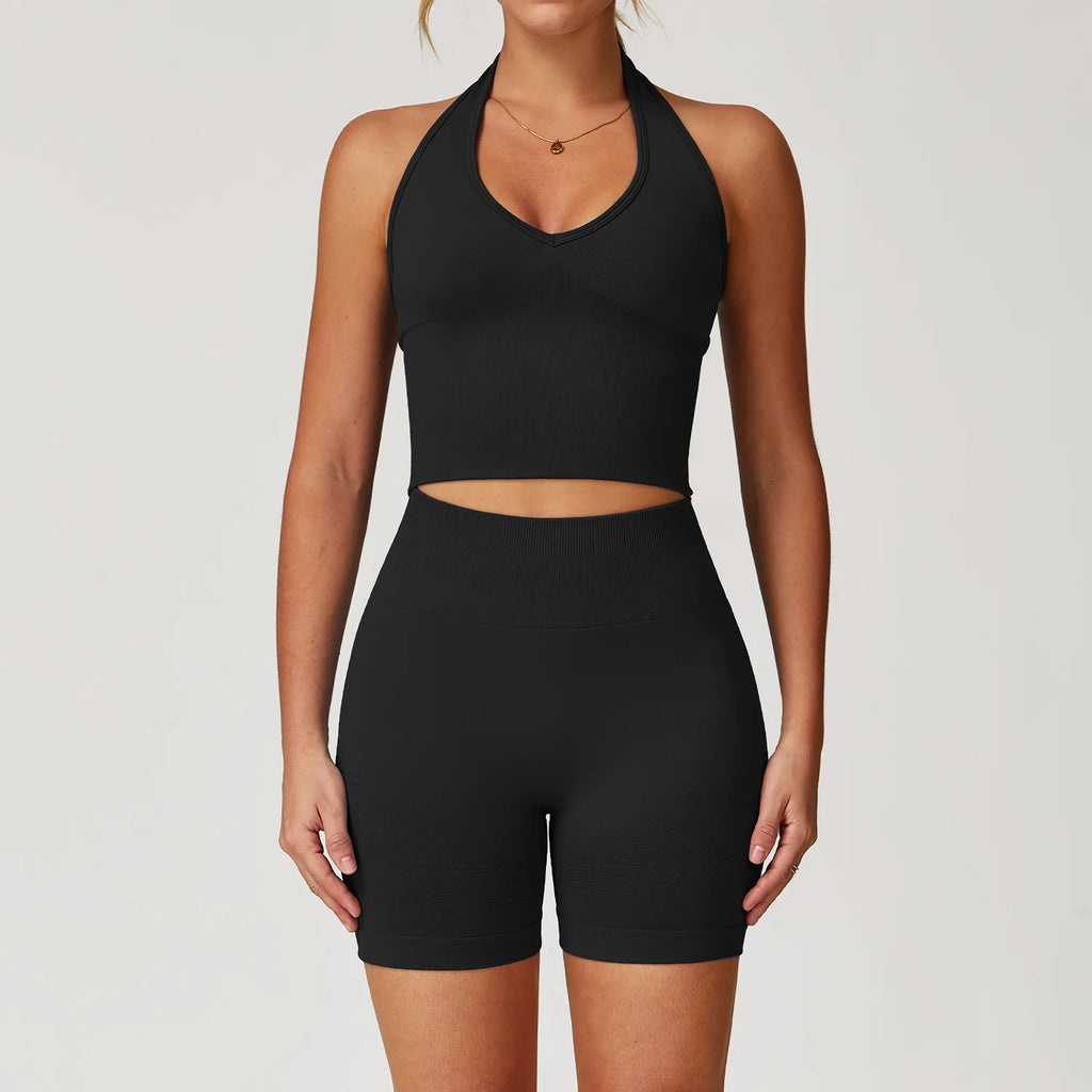 Black halter tank top and matching high-waist shorts set
