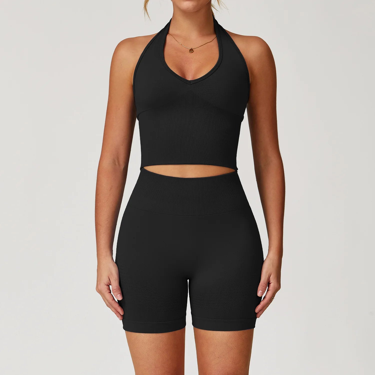 Black halter tank top and matching high-waist shorts set