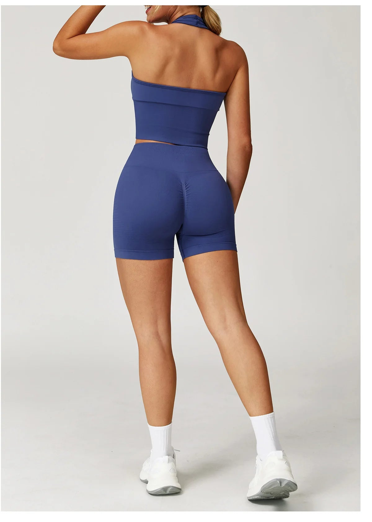 Blue active set: halter back tank with matching high-waist shorts