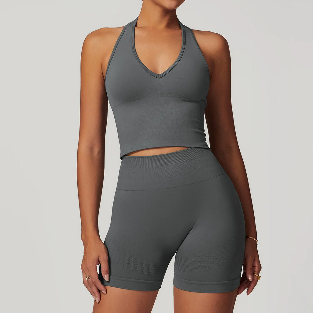 Mid grey halter tank top and matching shorts active set, front view