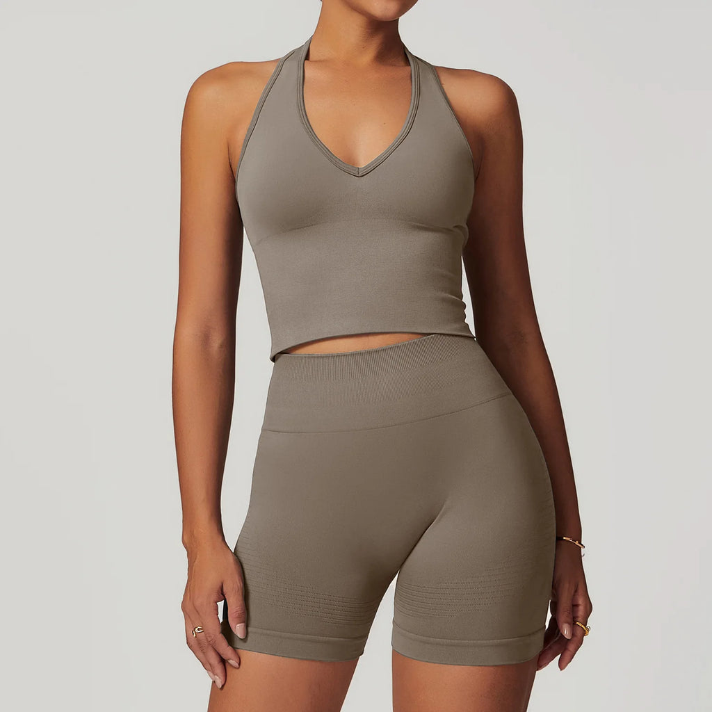 Tan halter tank top and matching shorts active set, front view