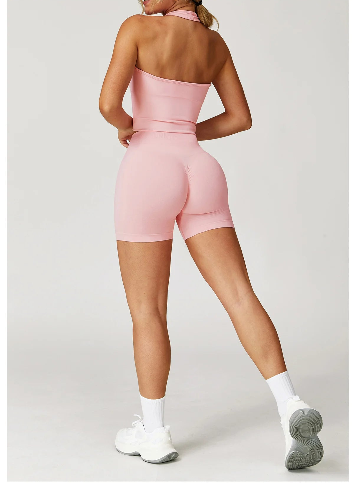 Xooie Fit Halter Tank Top and Shorts Workout Set in Pink for Comfortable Fitness Activities