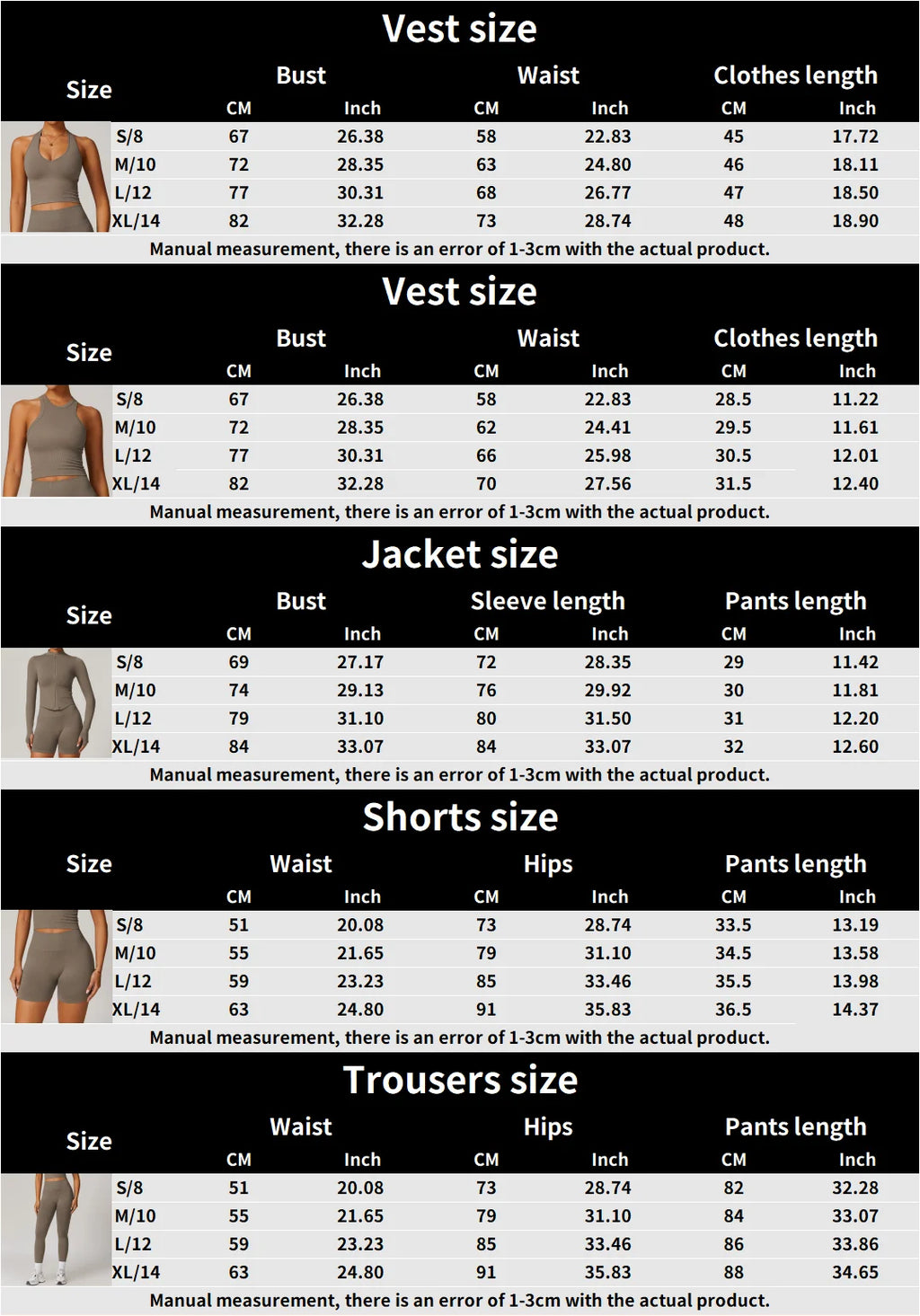 Size chart table for vest, jacket, shorts, and trousers measurements