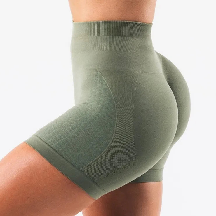 Xooie Fit high intensity workout shorts in olive green, designed for comfort and flexibility during exercise
