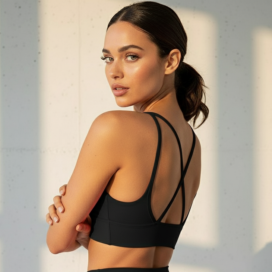 Xooie Fit x-strap sports bra in black with a stylish back design for active wear