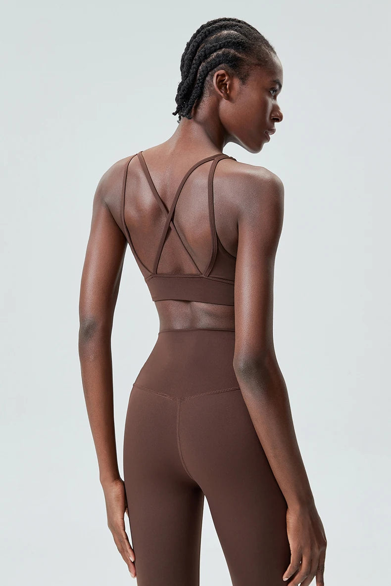 Xooie Fit x-strap sports bra in brown with stylish back design for active workouts