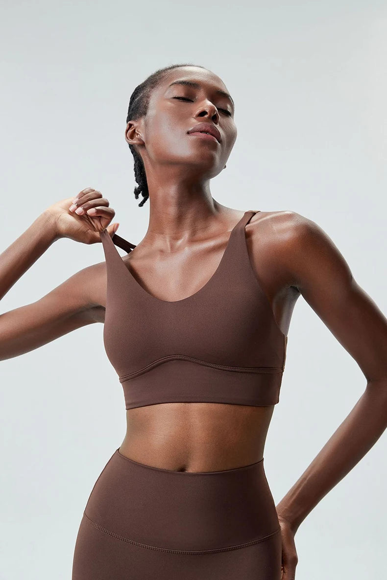 Xooie Fit X-Strap Sports Bra in Brown with Comfortable Support for Active Wear