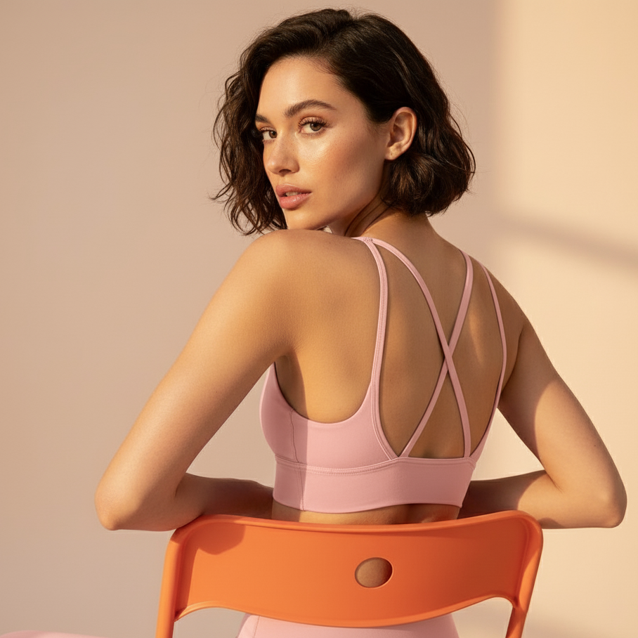 Stylish pink x-strap sports bra designed for comfort and support during workouts