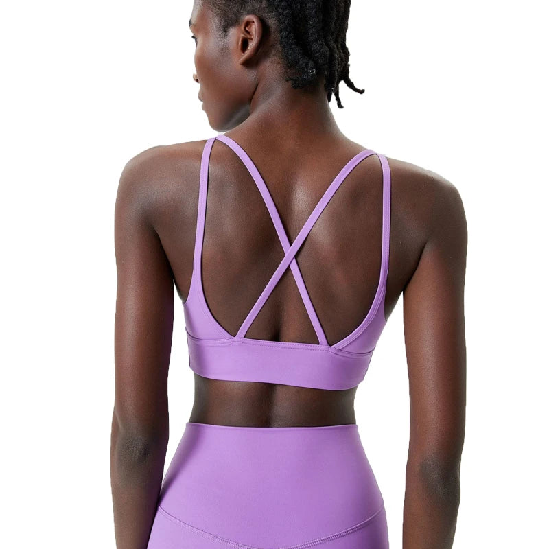 Xooie Fit X-Strap Sports Bra in Lavender with Crossback Design for Comfort and Support
