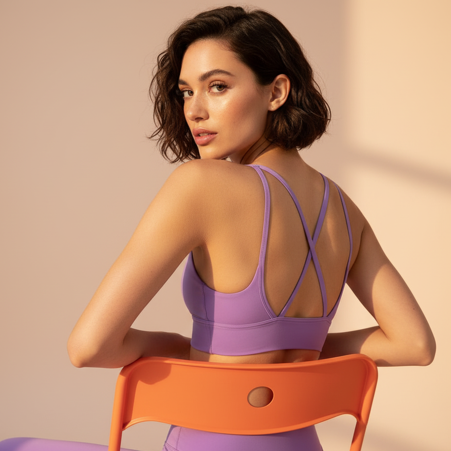 Xooie Fit X-Strap sports bra in lavender with stylish crisscross back design for comfort and support