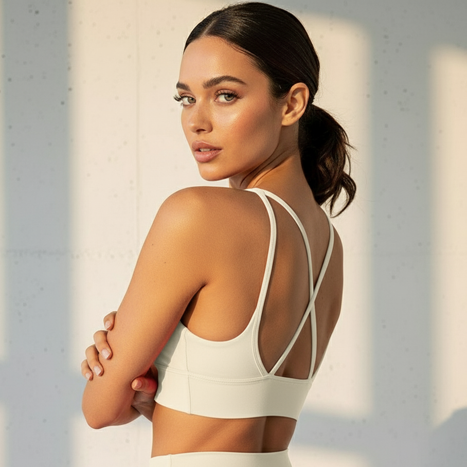 Xooie Fit X-Strap Sports Bra in white with stylish cross-back design for comfortable support