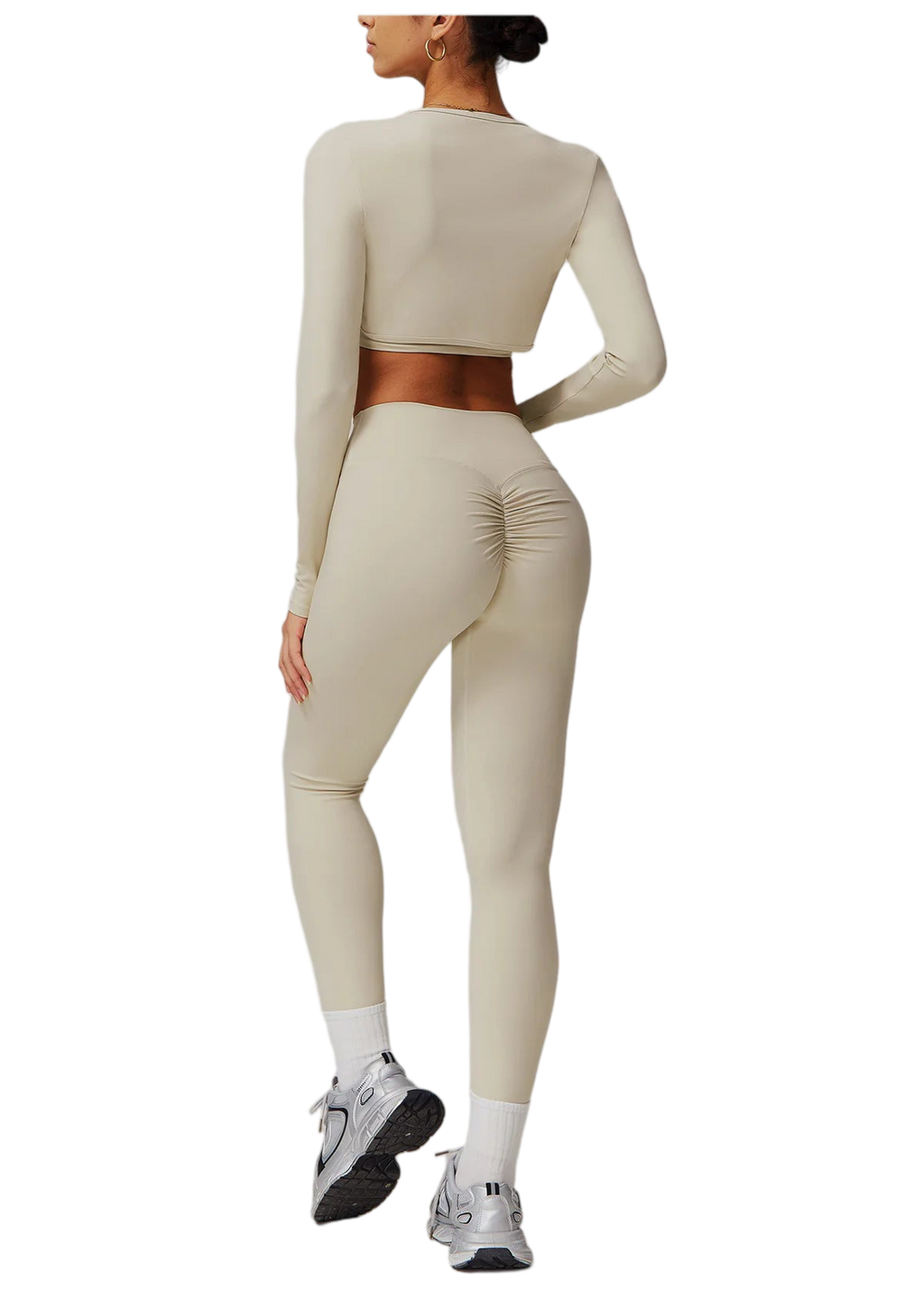 Xooie Fit 3-piece workout outfit featuring a long sleeve top and fitted leggings in a stylish beige color