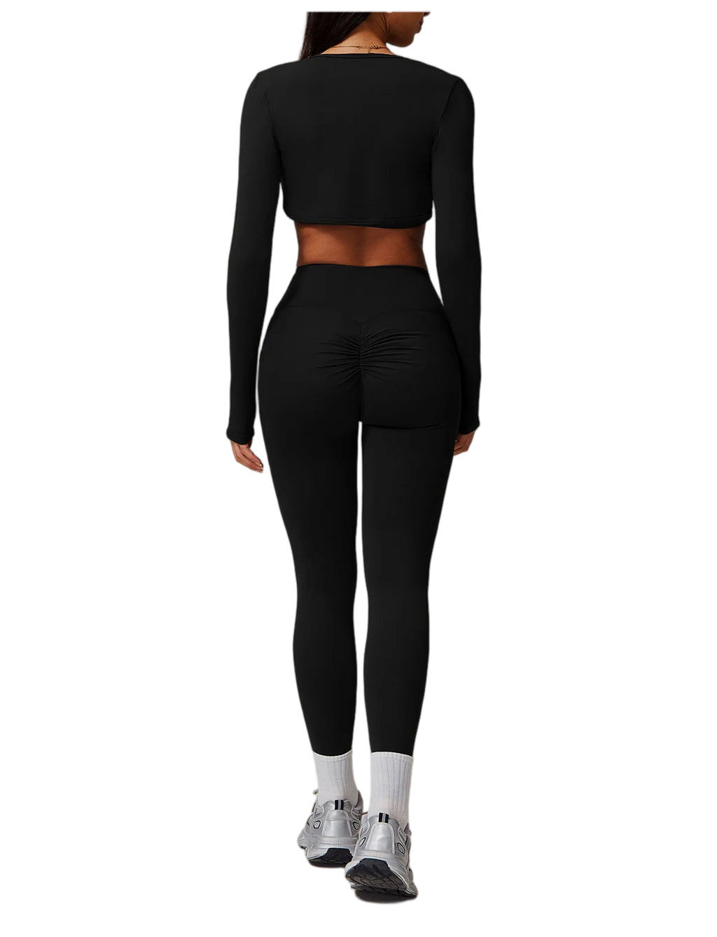 Xooie Fit 3-piece workout outfit in black featuring a crop top and high-waisted leggings