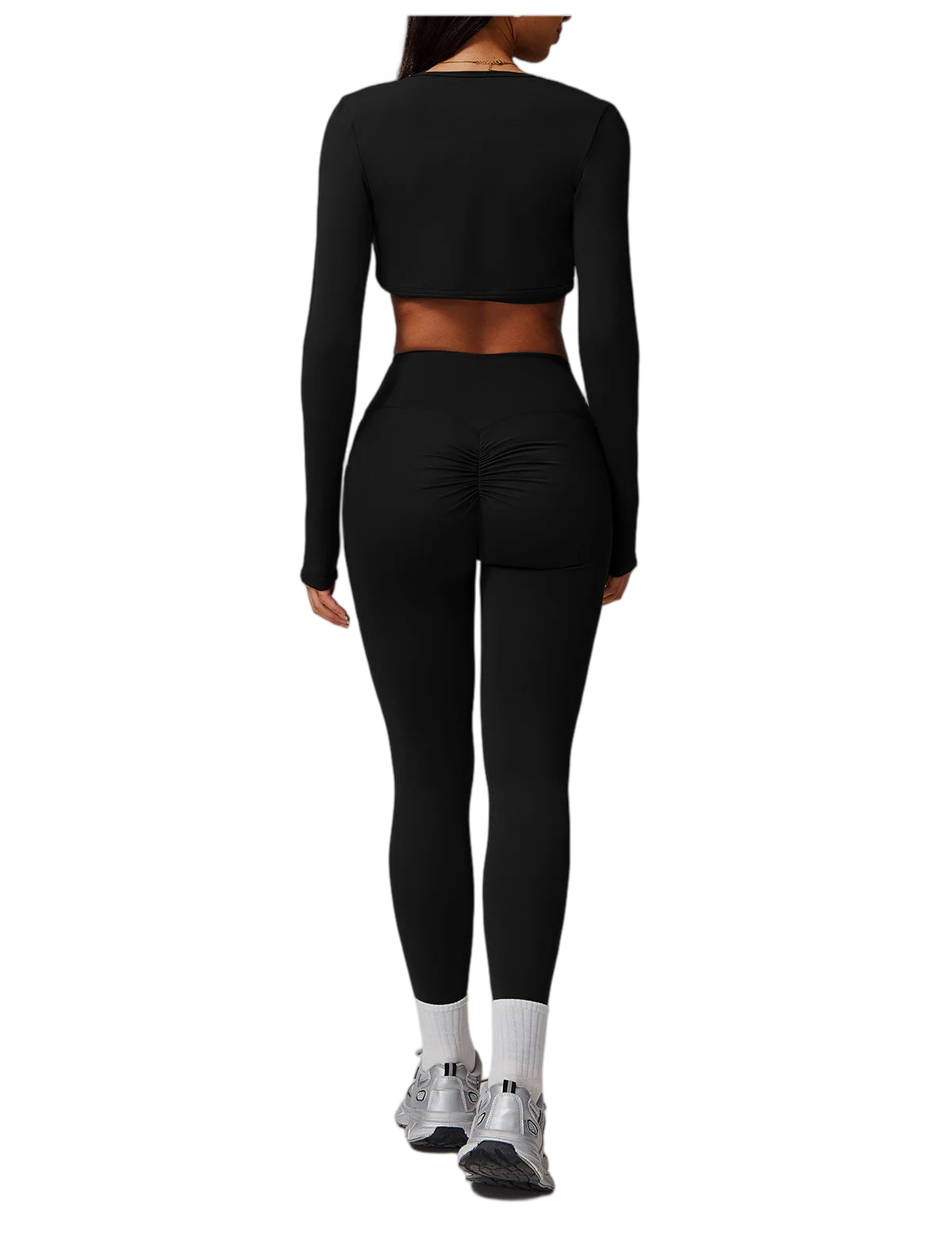 Xooie Fit 3-piece workout outfit in black featuring a crop top and high-waisted leggings