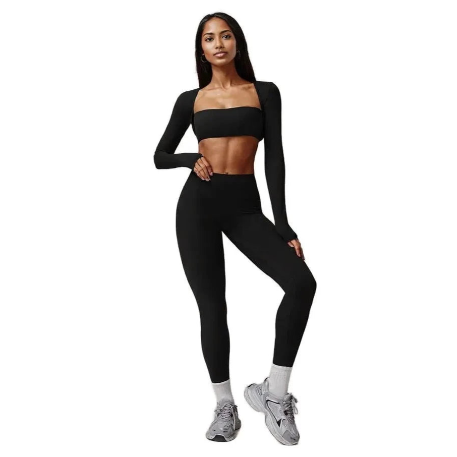 Xooie Fit 3-piece workout outfit featuring a cropped top and high-waisted leggings in black