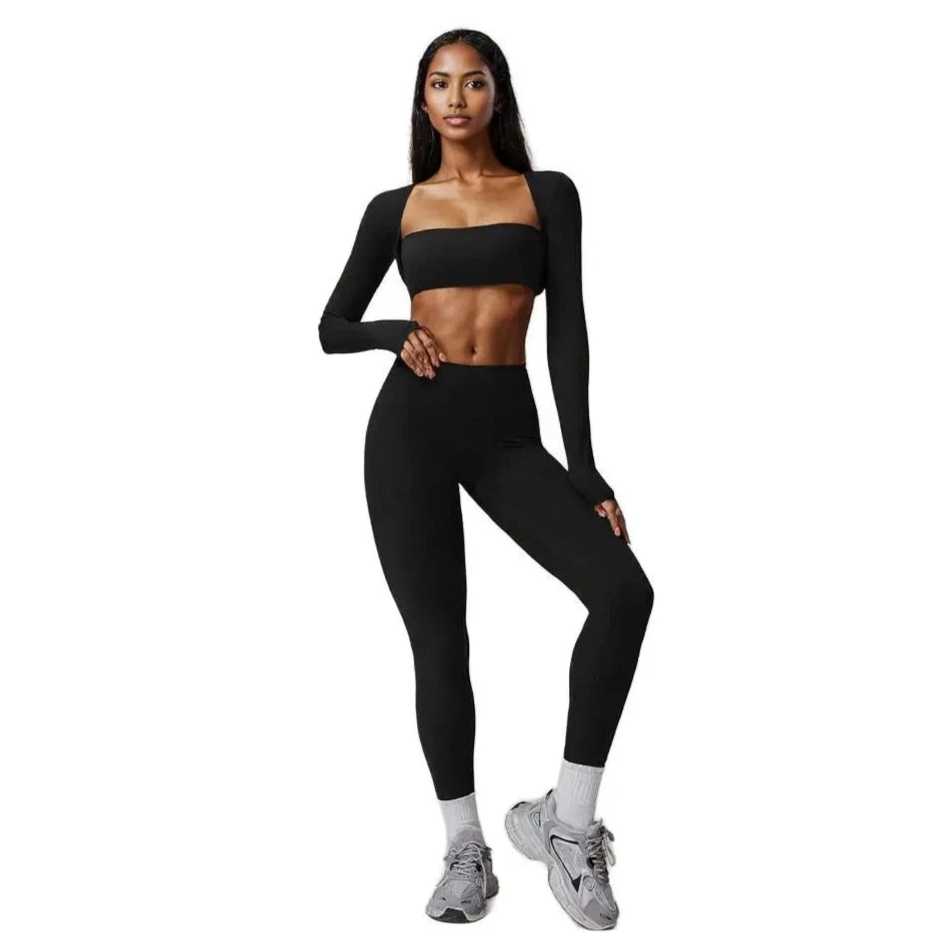 Xooie Fit 3-piece workout outfit featuring a crop top, long sleeve top, and leggings in black