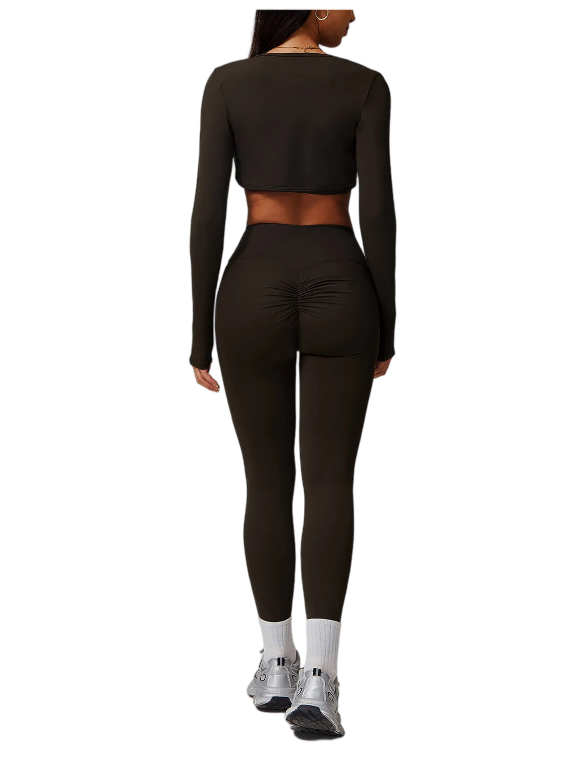 Stylish 3-piece workout outfit in dark green featuring a long sleeve top and fitted leggings