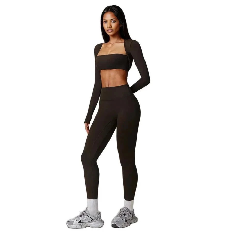 Xooie Fit 3-piece workout outfit featuring a stylish crop top and leggings for fitness enthusiasts.