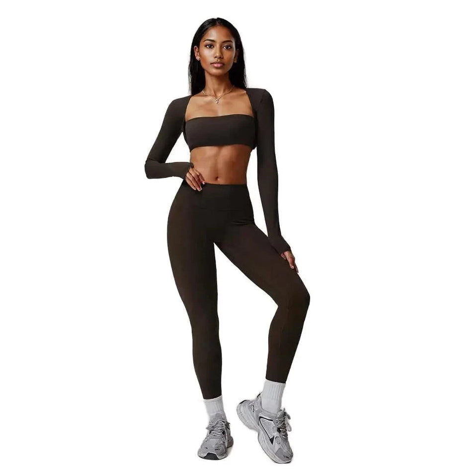 Xooie Fit 3-piece workout outfit in black featuring a cropped top and high-waisted leggings