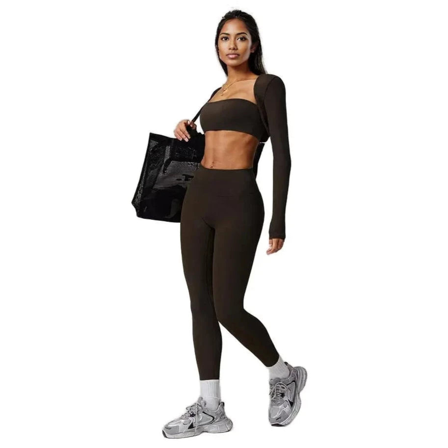 Xooie Fit 3-piece workout outfit featuring a crop top, leggings, and a stylish bag for fitness enthusiasts