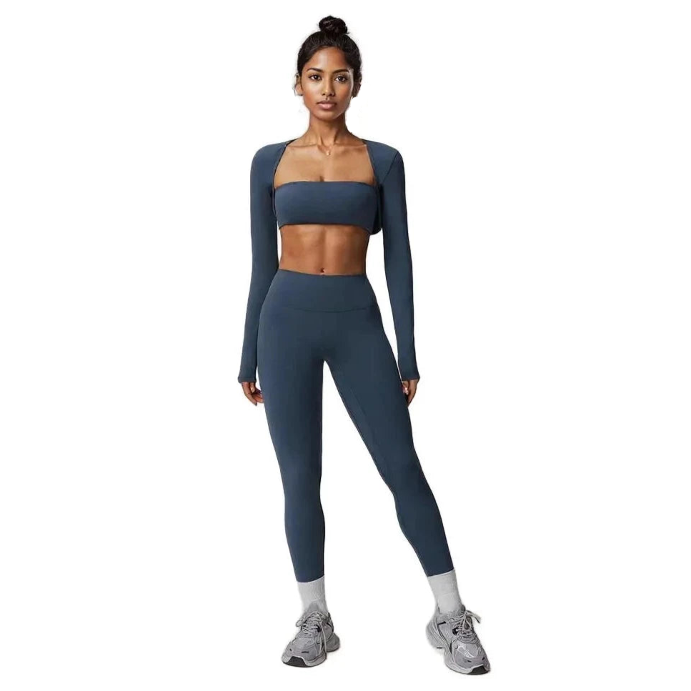 Xooie Fit 3-piece workout outfit in navy featuring a crop top, long sleeves, and high-waisted leggings