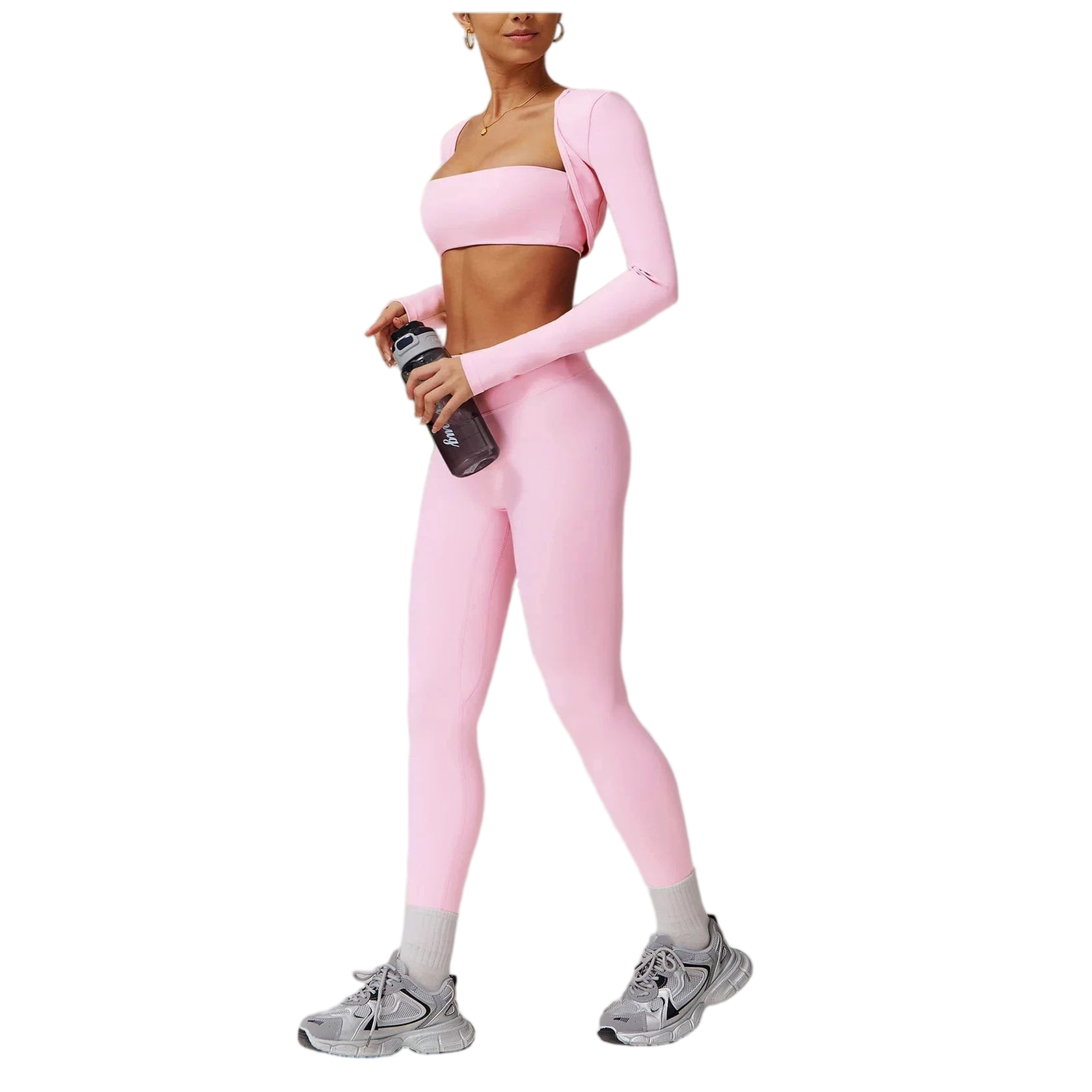 Xooie Fit 3-piece workout outfit in pink with long sleeves and flattering leggings for fitness enthusiasts