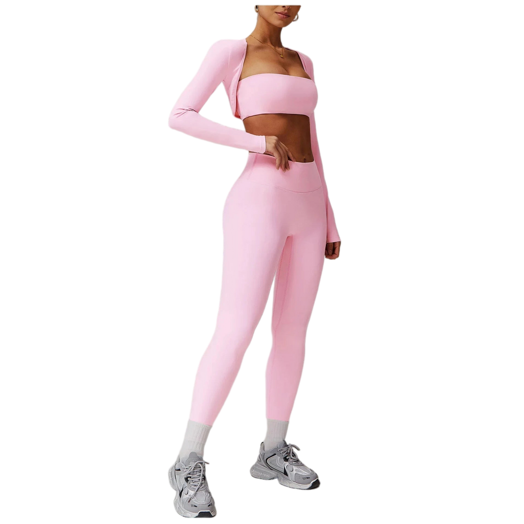 Xooie Fit 3-piece workout outfit in pink featuring a crop top, long sleeve shirt, and high-waisted leggings