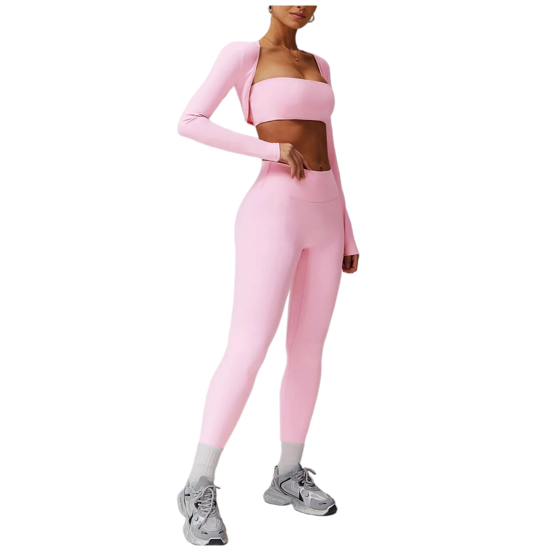 Xooie Fit 3-piece workout outfit in pink featuring a crop top, long sleeve shirt, and high-waisted leggings