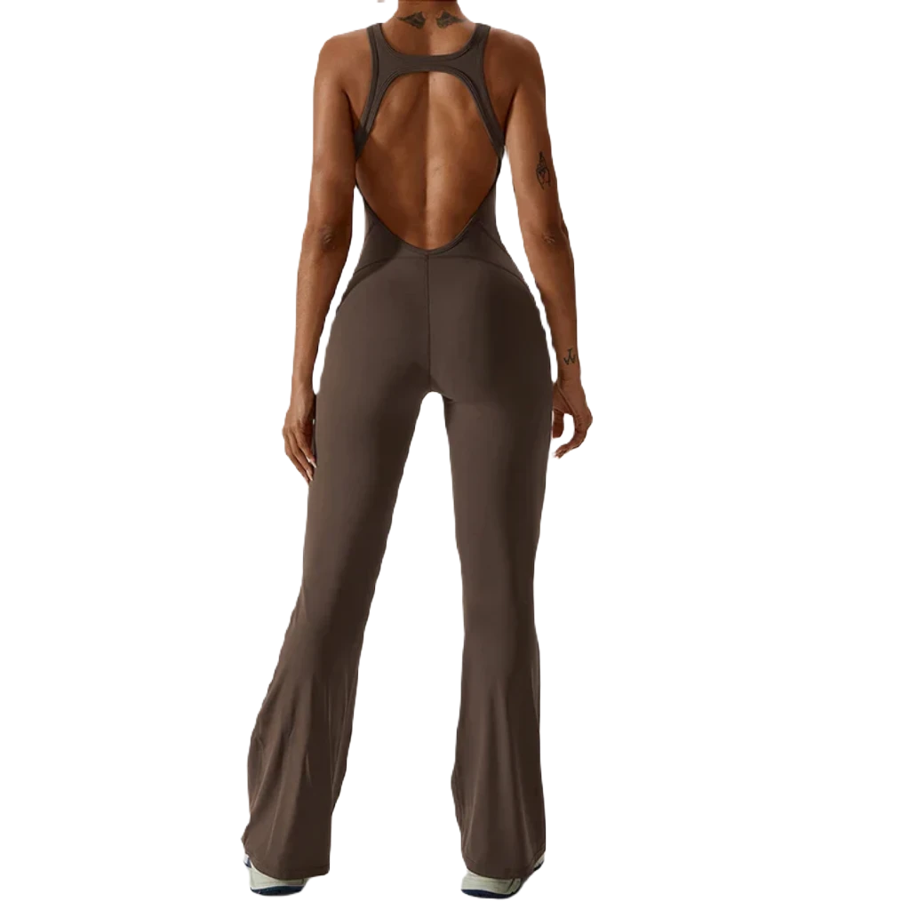 Back view of Xooie Fit comfortable yoga jumpsuit featuring a stylish design and breathable fabric