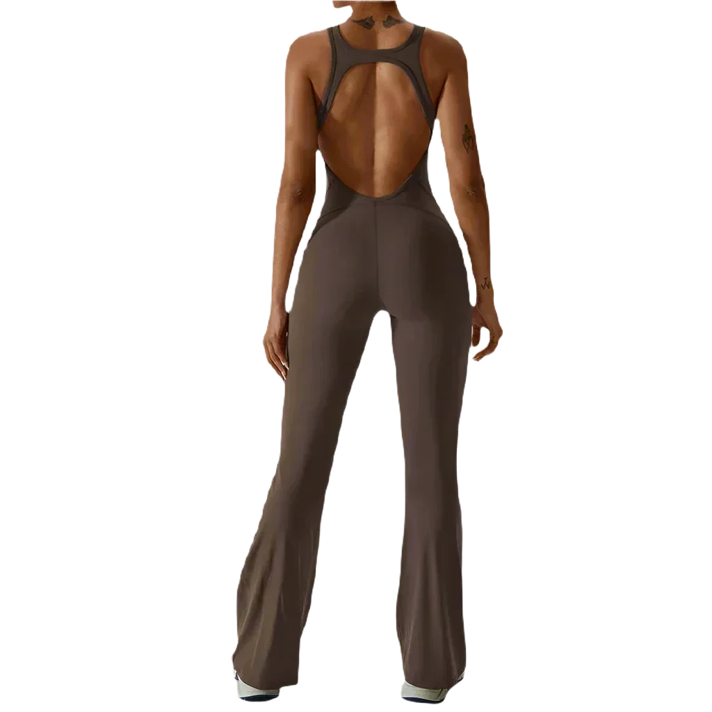 Xooie Fit comfortable yoga jumpsuit in brown with a stylish open back design for active wear