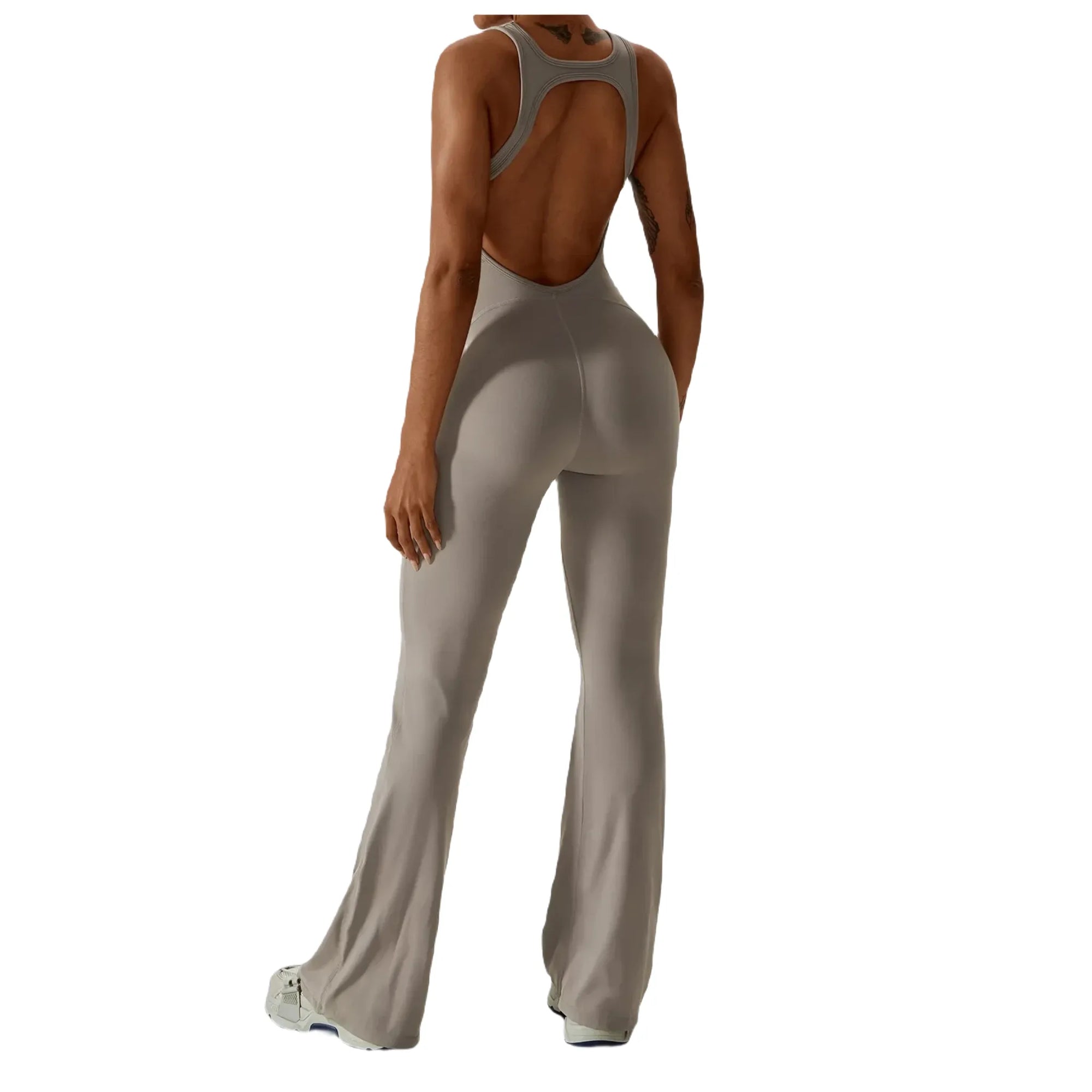 Xooie Fit comfortable yoga jumpsuit in light gray with open back design for flexibility and style