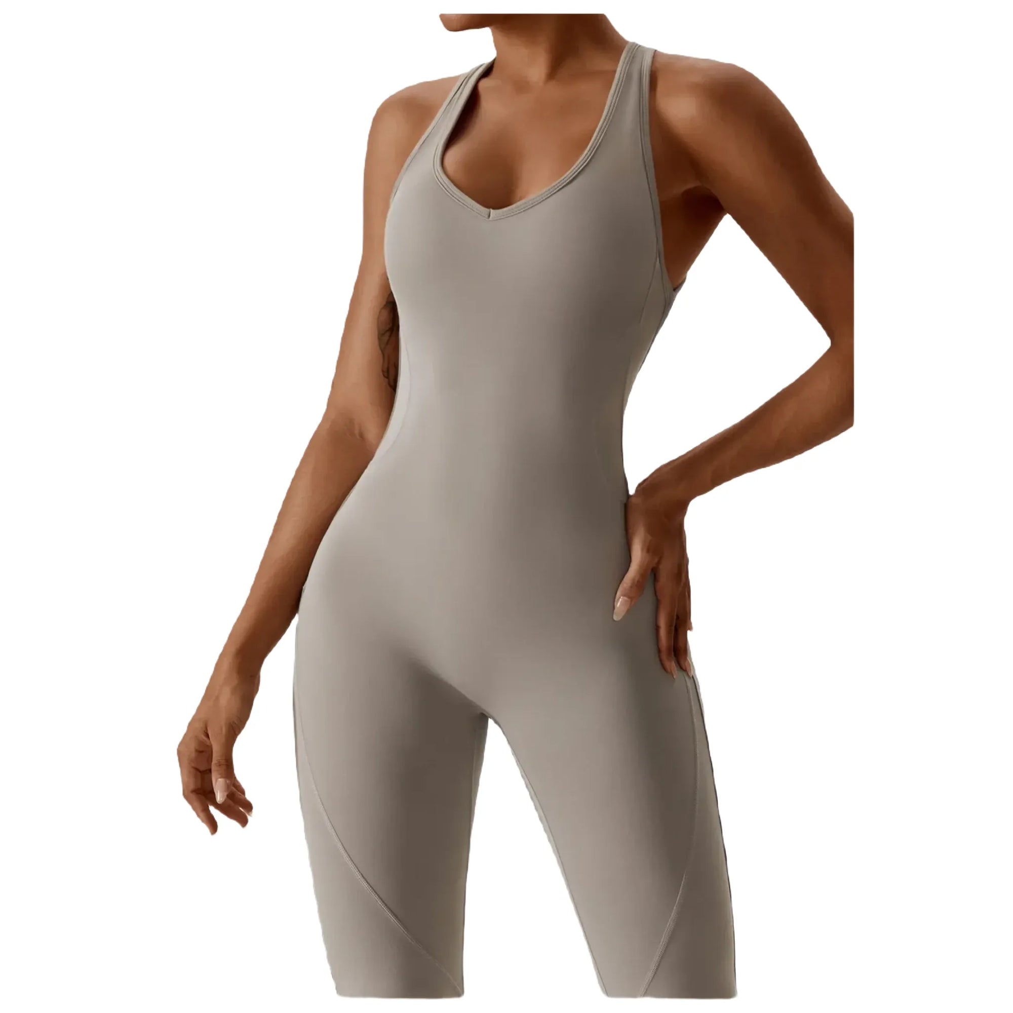 Xooie Fit comfortable yoga jumpsuit in light gray designed for flexibility and style during workouts