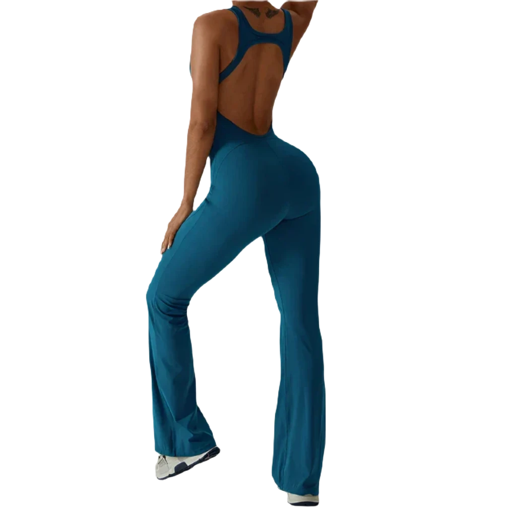 Xooie Fit comfortable yoga jumpsuit in teal with a stylish open back design for ease of movement