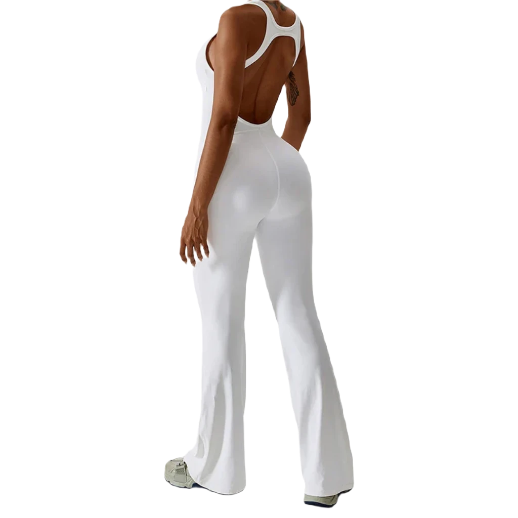 Xooie Fit Comfortable Yoga Jumpsuit with Flared Legs and Back Design in White