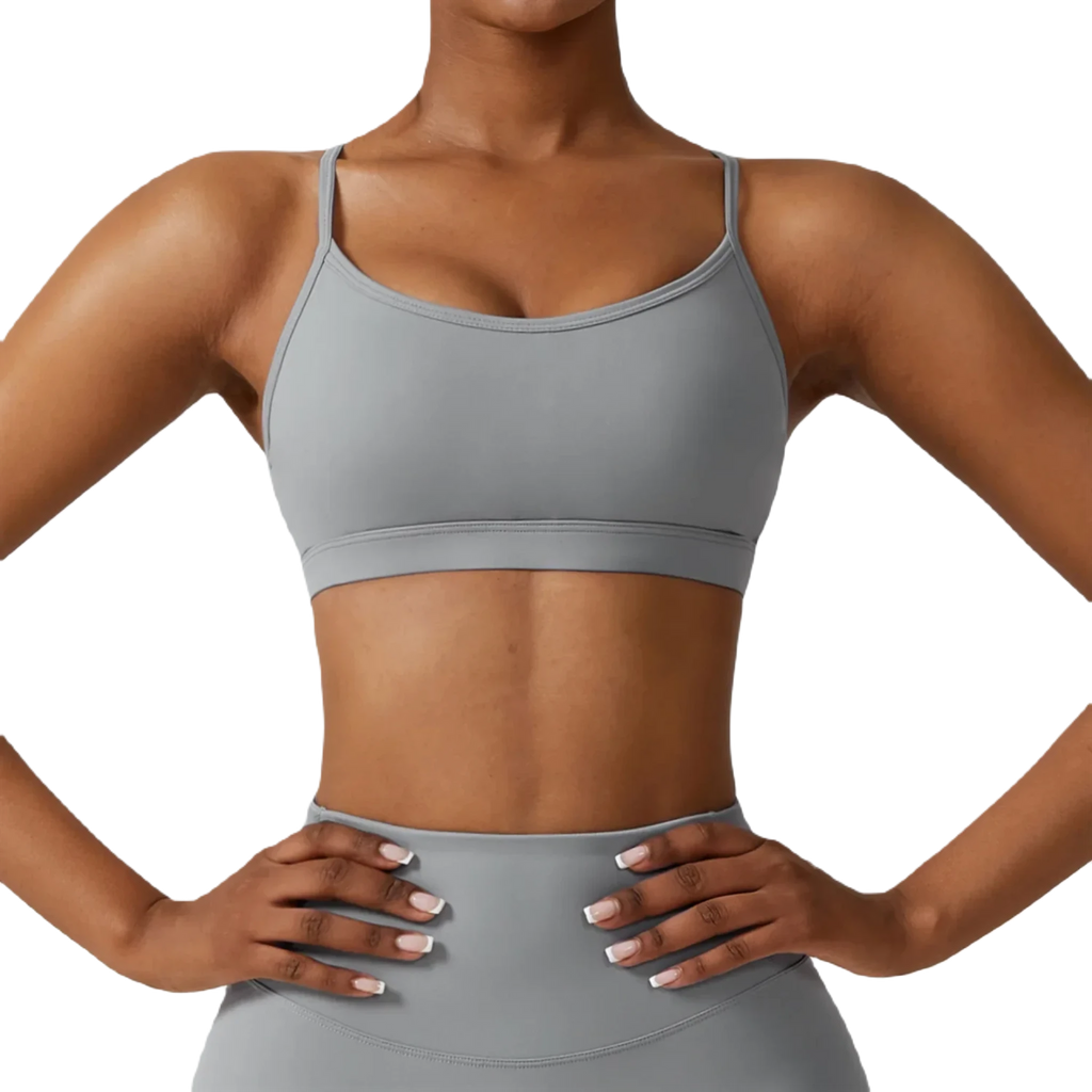 Xooie Fit women's active bra in gray color offers comfort and support for workouts front