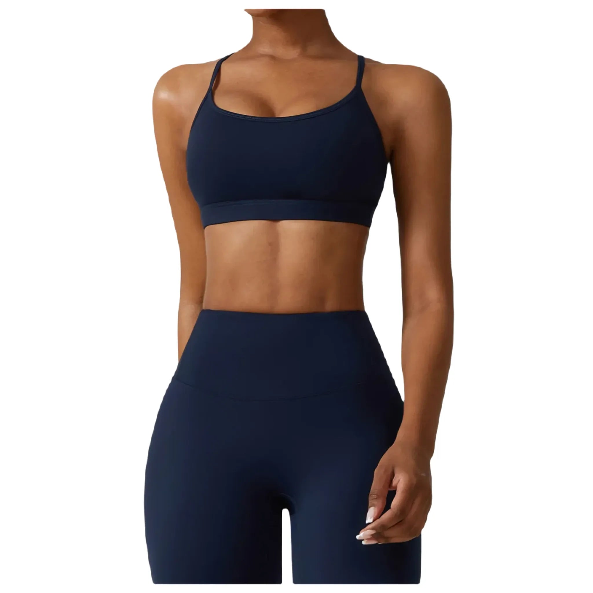 Xooie Fit women's active bra in navy color offers comfort and support for workouts close up