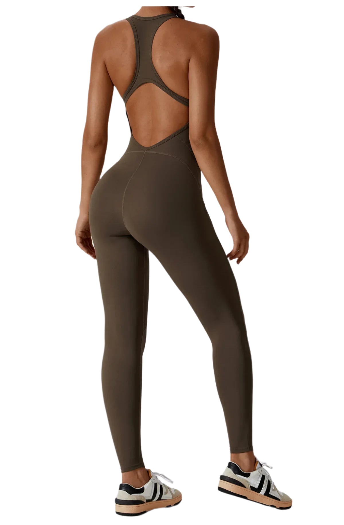 Xooie Fit women's fitness jumpsuit in olive green with racerback design for optimal movement