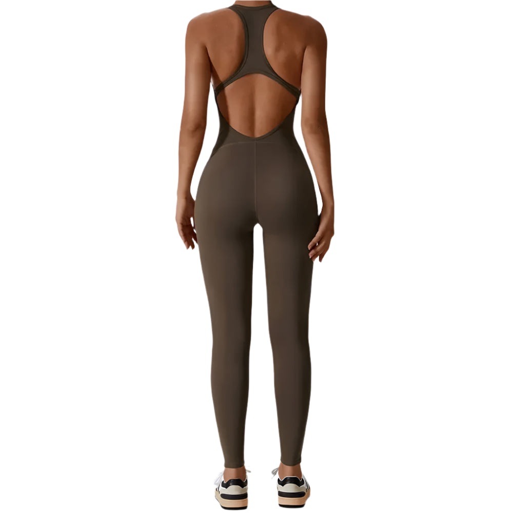 Xooie Fit women's fitness jumpsuit in olive green with a stylish open back and full-length design