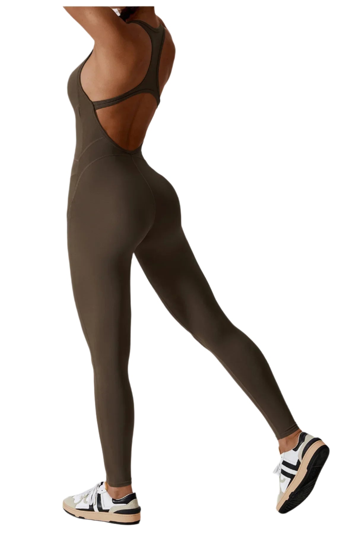 Xooie Fit women's fitness jumpsuit in olive green with a stylish back design for activewear